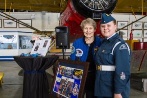 Warrant Officer First Class Christiane Boudreau and Dr. Bondar at the launch of the Dr. Roberta Bondar Air Cadet Training Program at the Canadian Bushplane Heritage Centre on Friday, May 13, 2016. Donna Hopper/SooToday